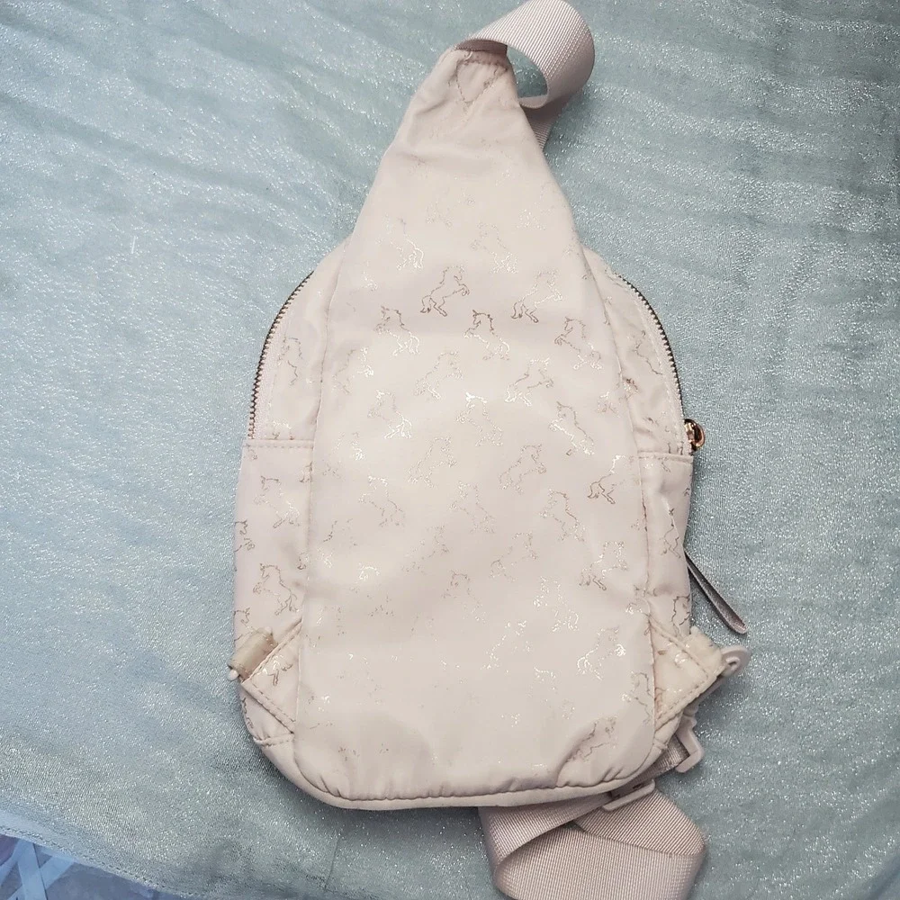 Kids Pink Unicorn Sling Bag Crossbody Backpack Rose Gold Zip fairycore whimsical